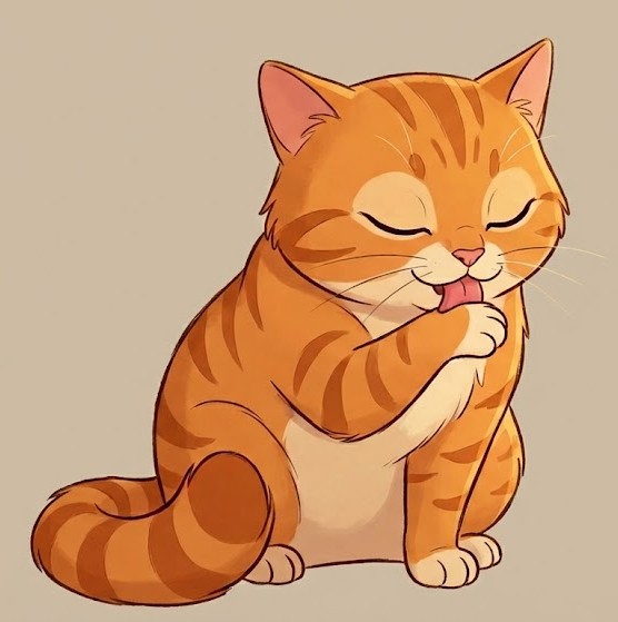 Dessin d'un chat roux qui se lèche la patte avant