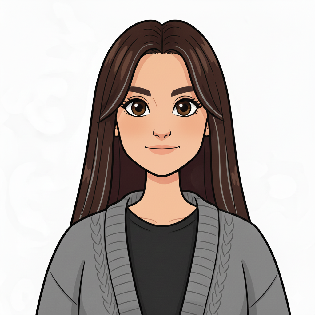 Portrait style dessin animé d'une femme brune aux cheveux longs et lisses, yeux foncés, portant un gilet gris.