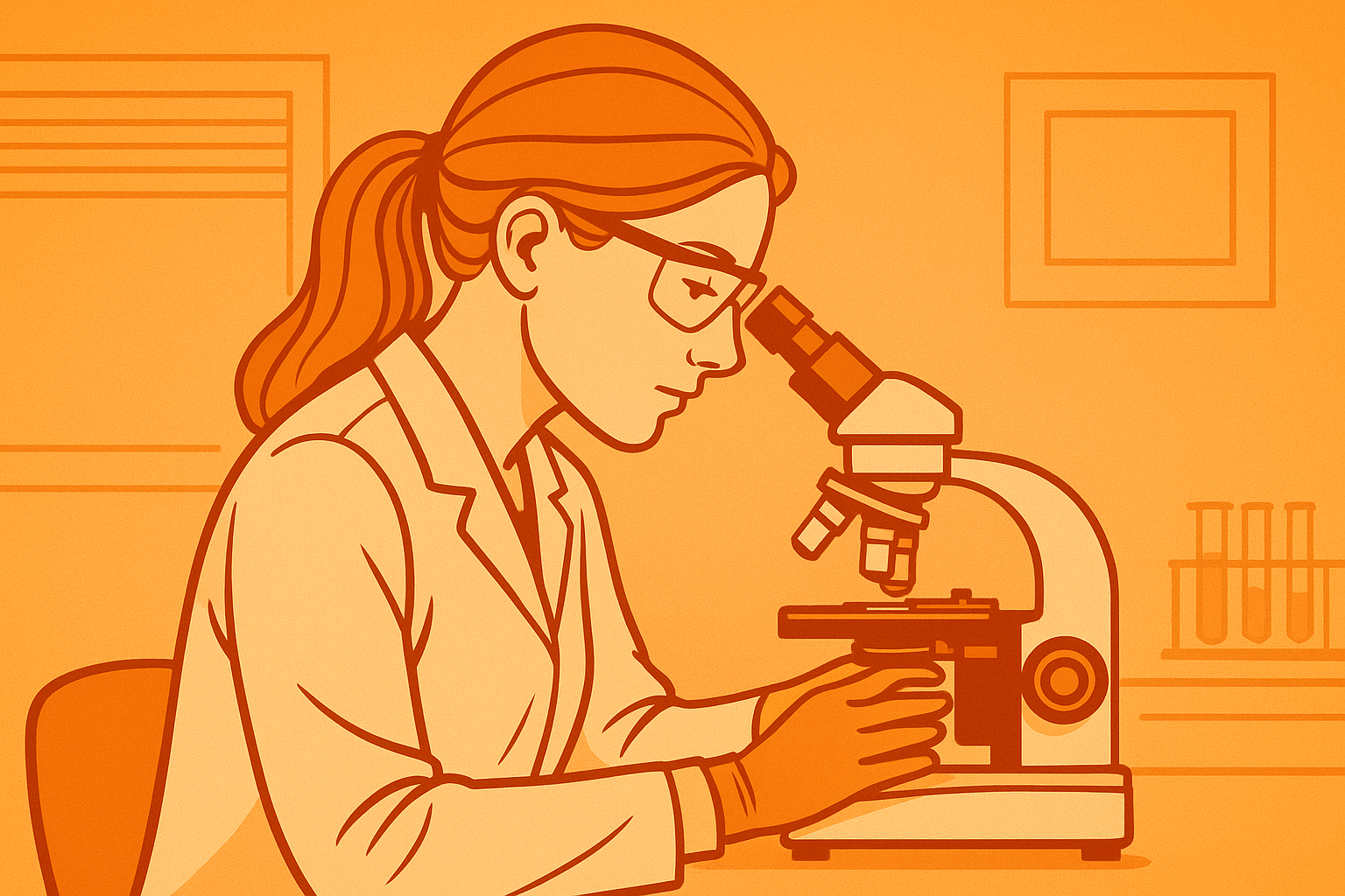 Dessin montrant une femme à lunettes regardant à travers un microscope